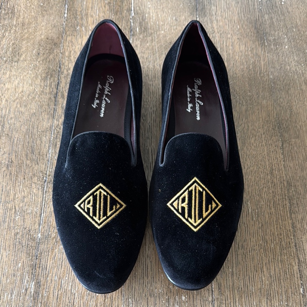 Ralph Lauren Purple Label Alonso Black Velvet and Gold Loafers